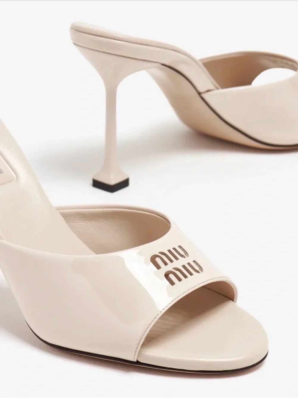 Miu Miu Cream Patent Leather Open-Toe Mules